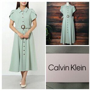 NWT Calvin Klein Dress 12 Midi Tulip Sleeve Belted Mint Green Button Front Retro